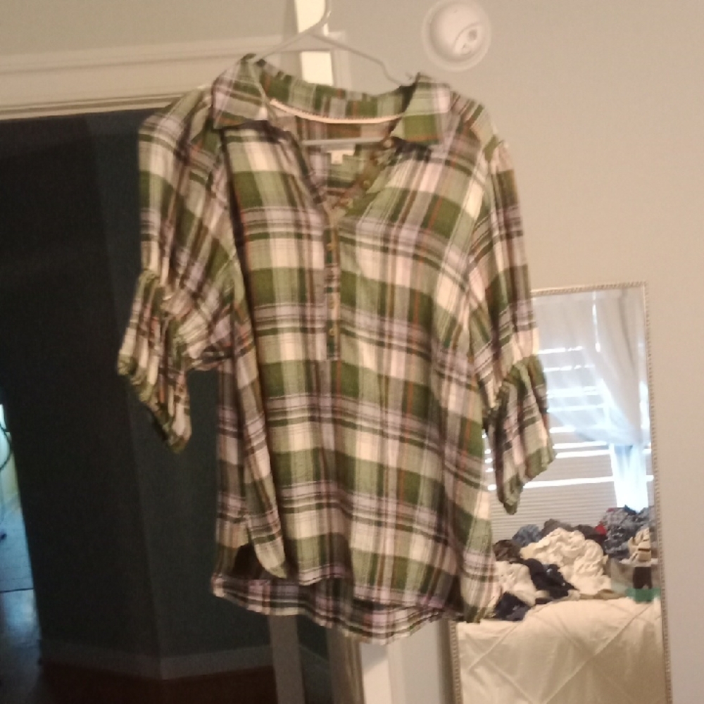 Pilcro Green Plaid Henley Top with Pink & Orange Accents